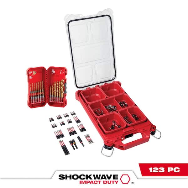 Milwaukee SHOCKWAVE Impact Duty Alloy Steel Screw Driver Bit Set with PACKOUT Case with Titanium Drill Bit Set (123-Piece)