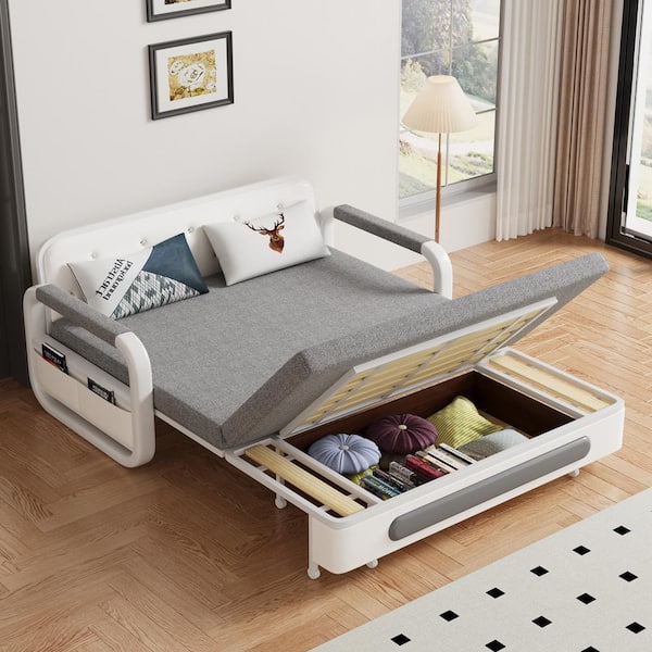 LUCK HOME 59.84 in. Sleeper Size Full Sofa Bed Removable and Washable Cotton-Linen Fabric with Storage Function Gray