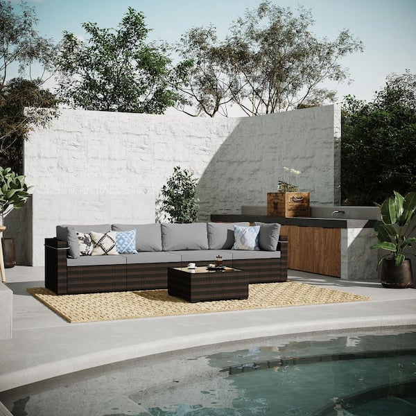 5-Piece Wicker Patio Conversation Sectional Seating Set with Light Gray Cushions