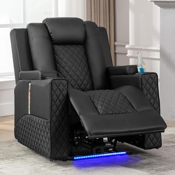 Power Recliner Chair PU Leather Electric Massage Recliner Sofa with Cup Holders and LED Lighting, Black