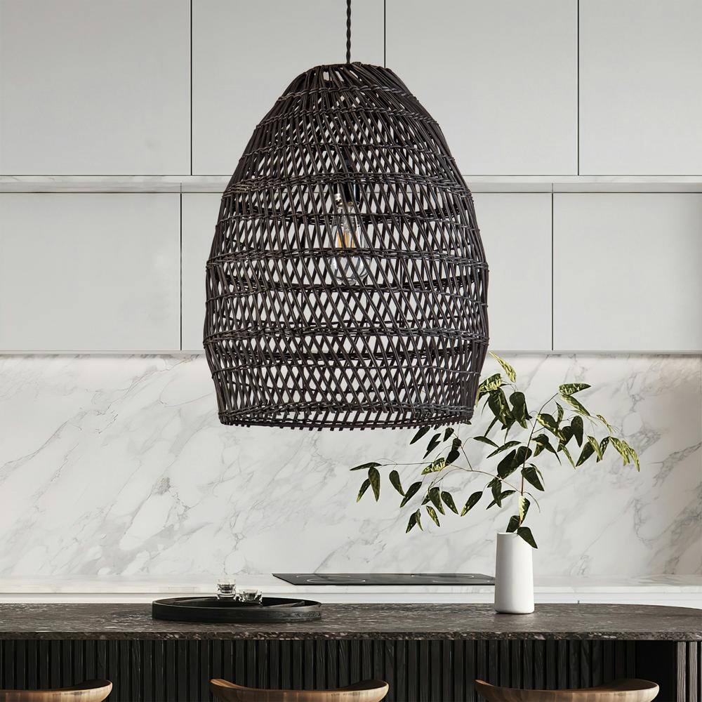 Veremund 15.7" Black Bamboo and Rattan Bell Pendant Light