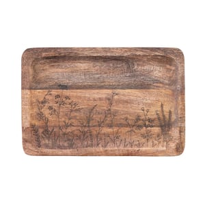 11.75 in. W x 1 in. H x 7.75 in. D Rectangle Natural Brown Mango Wood Serving Tray with Laser Etched Botanicals