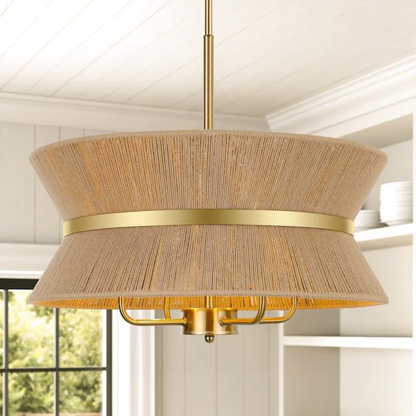 19.6 in. 4-Light Antique Gold Bohemian Tapered Pendant with Hand Wrapped Rope Shade