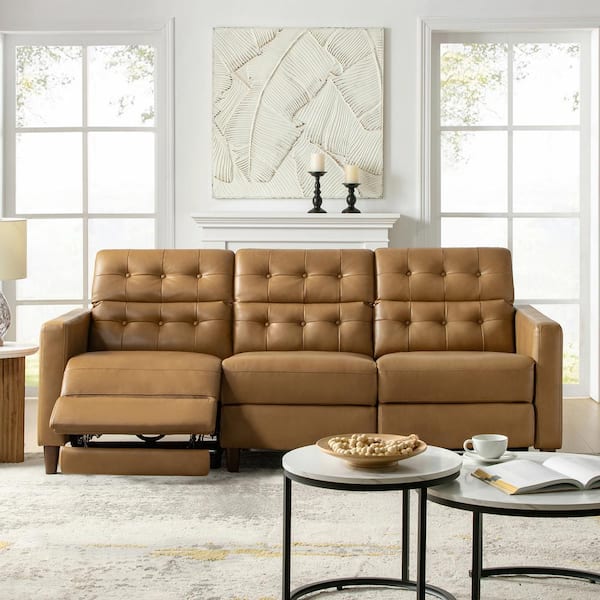 JAYDEN CREATION Jahwe Camel 84.5 in. W Mid-Century Modern Faux Leather Rectangle Square Arm Oversized Power Sectional Sofa