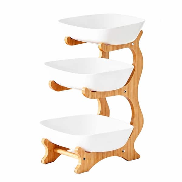3-Tier Fruit Bowl Basket with Bamboo Stand for Kitchen Counter, Plastic Serving Bowls for Storage Stand