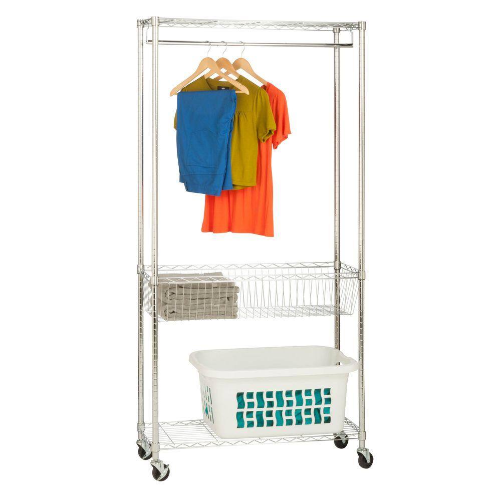 Chrome Rolling Laundry Station with Shelves and Hanging Bar