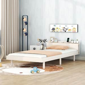 White Washed Wood Frame Twin Size Modern Platform Bed with Built-in USB port and Storage Headboard