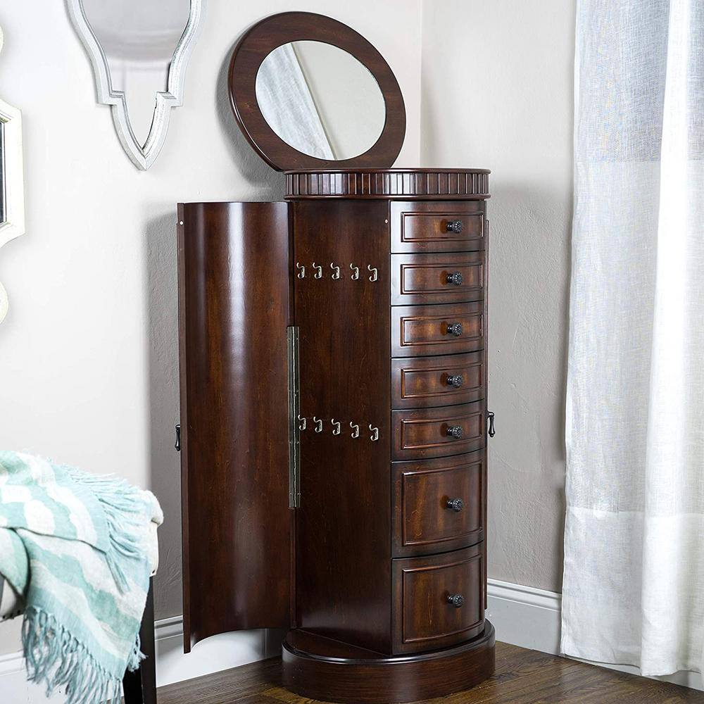 Walnut Freestanding Jewelry Armoire with Mirror and Drawers