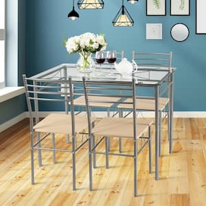 5-Piece Rectangle Glass Top Beige Bar Table Set Dining Set