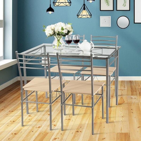 5-Piece Rectangle Glass Top Beige Bar Table Set Dining Set