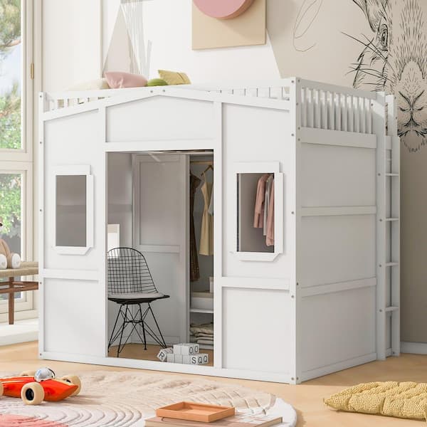 Qualler White Full Size House Loft Bed with Wardrobe and Ladder