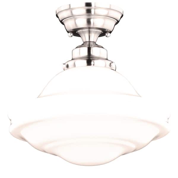 Huntley 12 in. W Satin Nickel Farmhouse Schoolhouse Semi-Flush Mount Ceiling Light White Glass