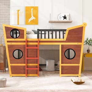 Walnut Boat-shaped Full Size Loft Bed with Ladder, Full Size Kids Wooden Loft Bed, Wood Kids Loft Bed Frame with Windows