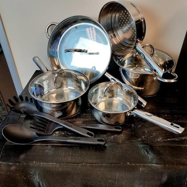 Open Box Silver Gibson Home Abruzzo 12 Piece Stainless Steel Cookware Set 