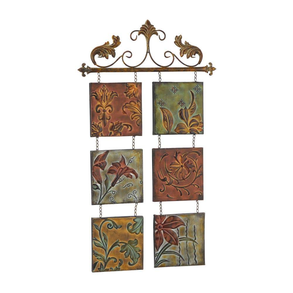 Multi-Colored Metal Botanical Wall Sculpture with Embossed Panels