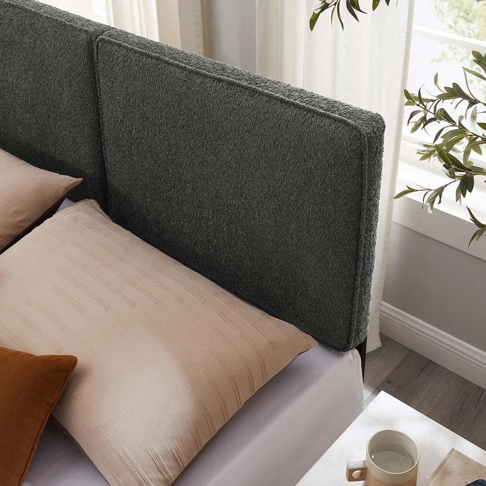 Lindee Slate Boucle Upholstered King Headboard with Wood Legs