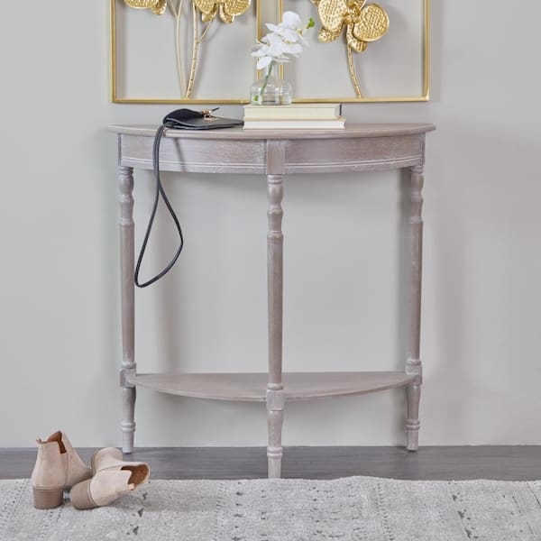 Litton Lane 32 in. Light Brown Extra Large Half Moon Wood Half Moon 1 Shelf Console Table