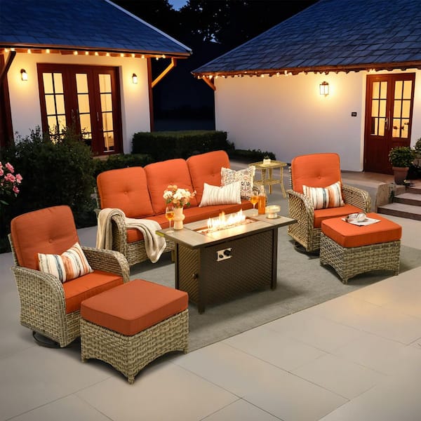 Beverly 7-Piece Wicker Patio Conversation Sofa Swivel Chairs Set with Metal Fire Pit and Orange Red Cushions