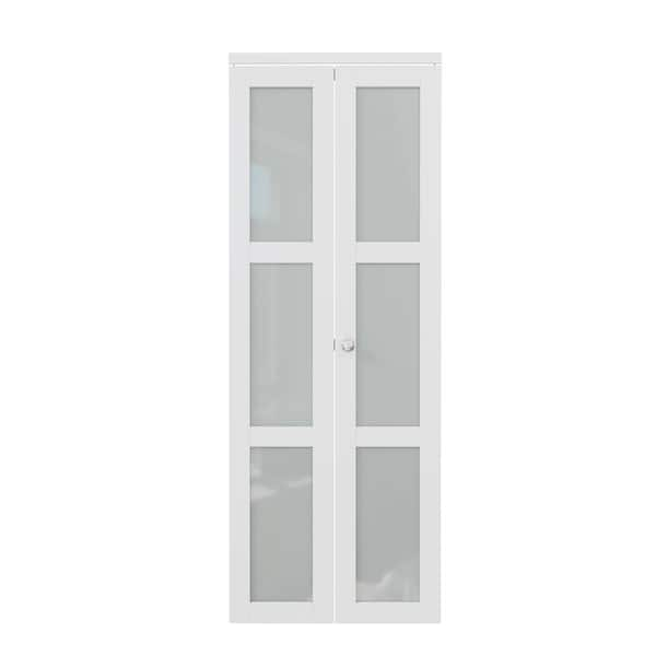 30 in. x 80 in. 3-Lite Tempered Frosted Glass Solid Core White Finished Glass Closet Bifold Door with Hardware