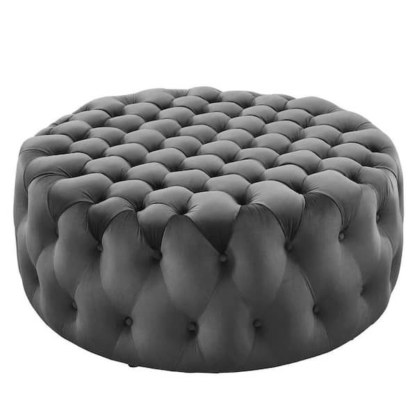 MODWAY Amour Tufted Button Large Round Performance Gray Velvet Ottoman