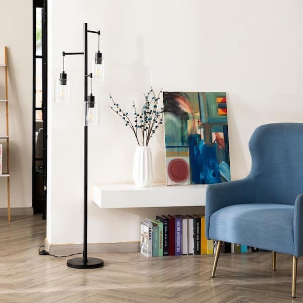 IniSun | Industrial Style Att Black Etal Floor Lap With A Soked Glass Globe Shade | Floor - View #11