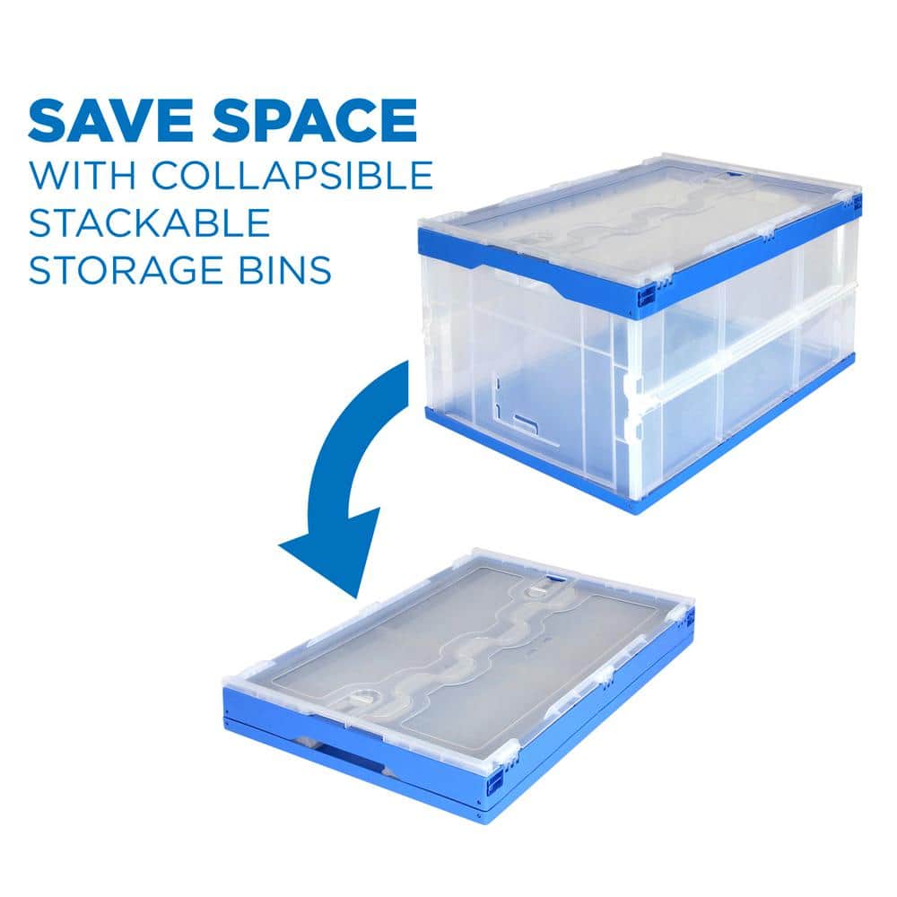 Clear and Blue Collapsible Plastic Storage Crate with Lid, 65L Capacity
