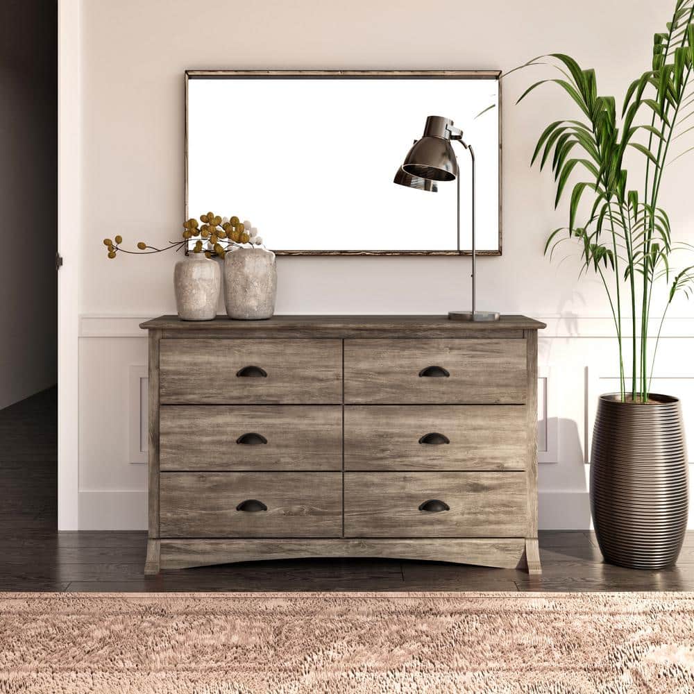 Coastal Gray 6-Drawer Double Dresser with Black Metal Handles