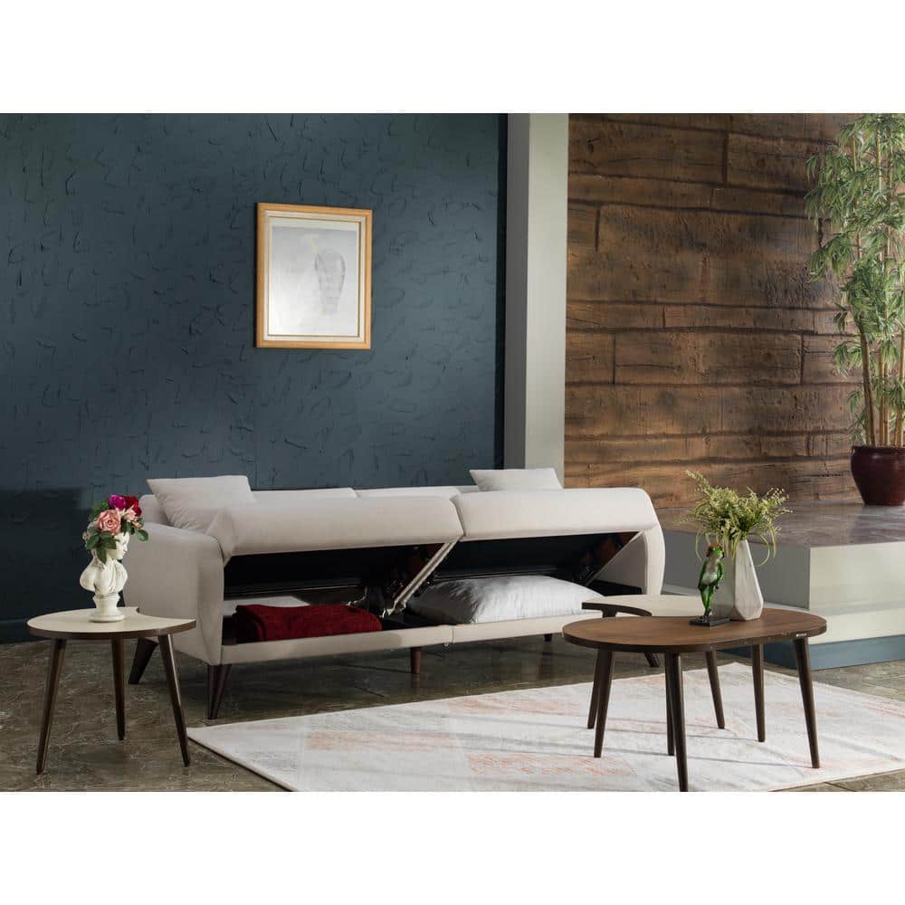 Beige Twin Fabric Sectional with Storage and Rolled Arms