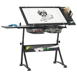 Fusion Light Table 47.75 in. Rectangular Black and White Metal and Glass Desk with Dimmable Light and Tilt Top