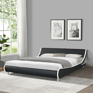 Faux Leather Upholstered Bed Frame, King size Low Platform Bed with Curve Design, Black+White