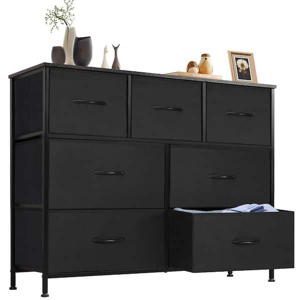 FIRNEWST Miguel Black 39.3 in. W 7-Drawer Dresser with Fabric Bins and Steel Frame Storage Organizer Chest of Drawers