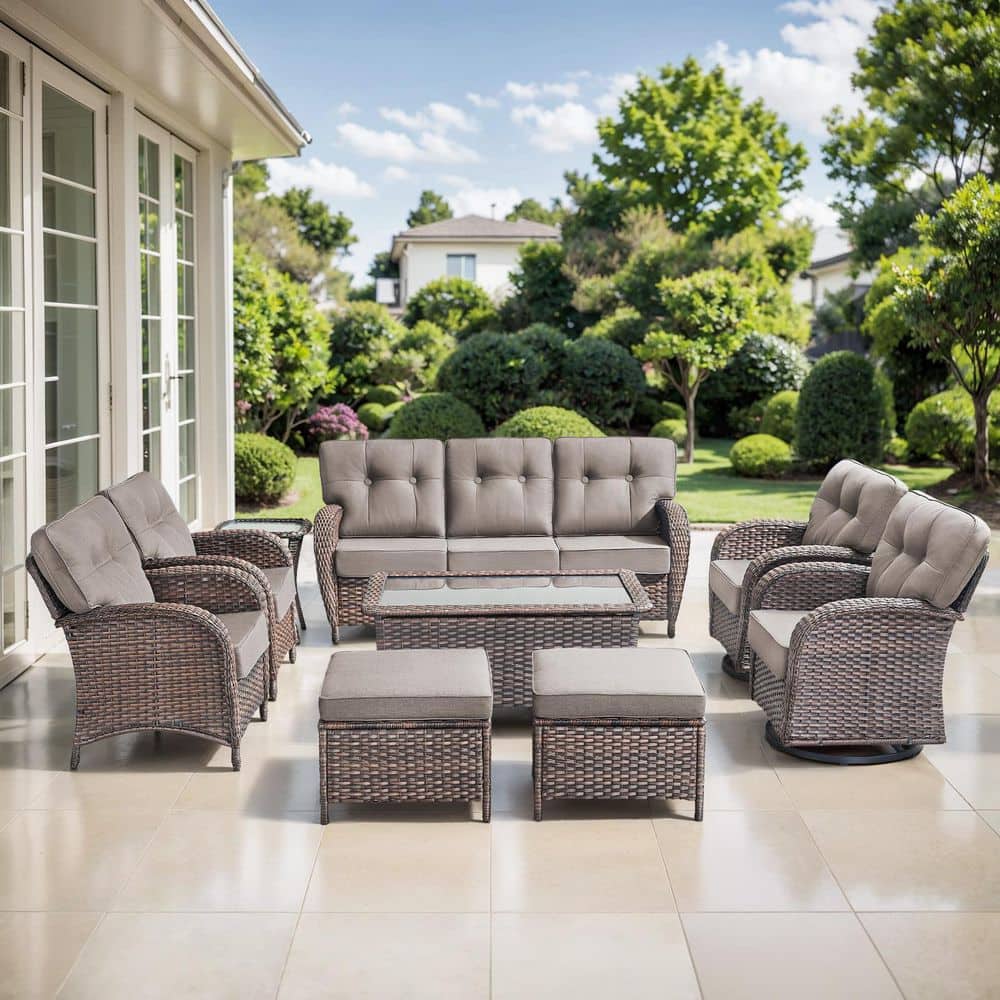 TWrap Brown 9-Piece Wicker Patio Conversation Set with Gray Cushions and Swivel Rockers, Armchairs price history on PriceWatchPro