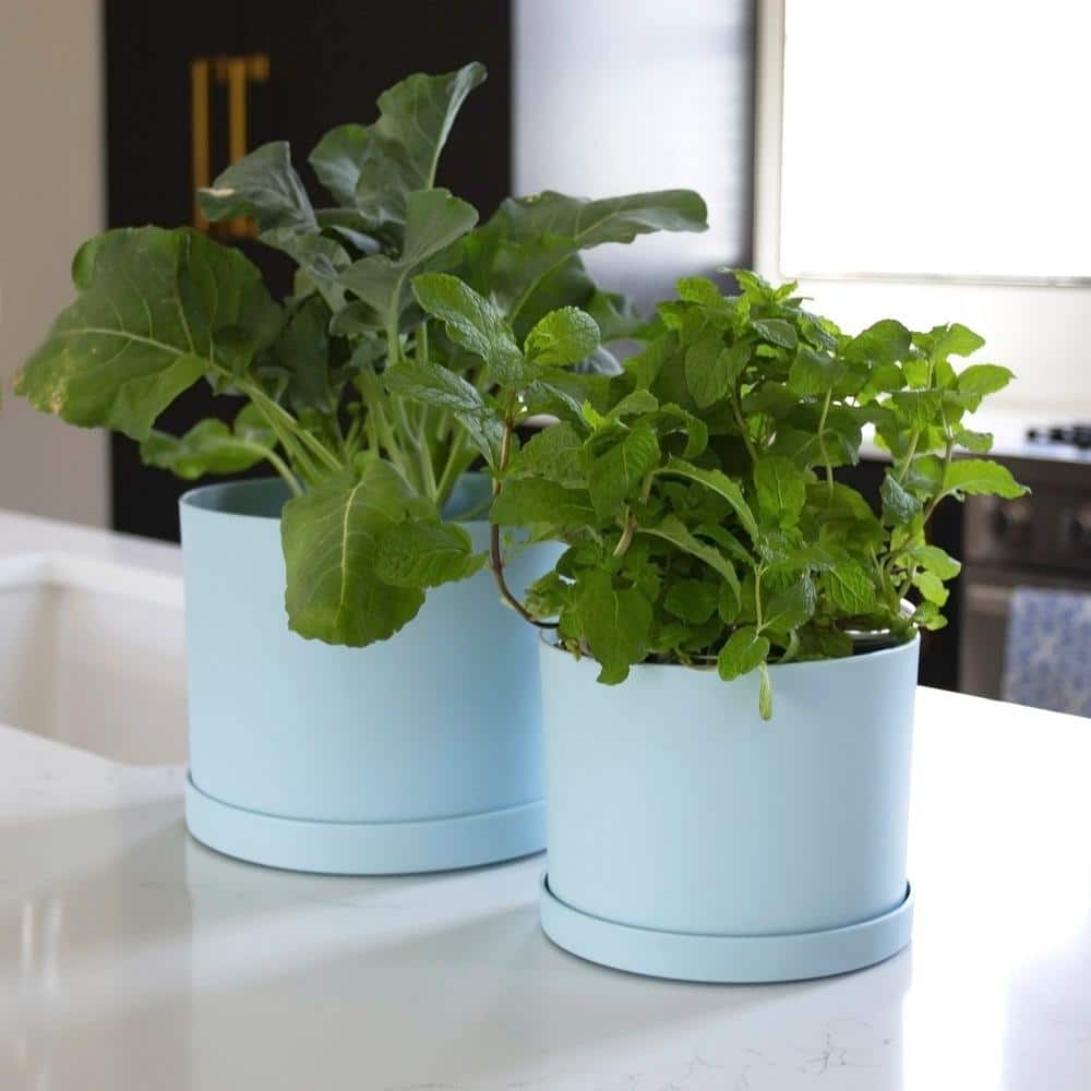 Misty Blue Modern Round Resin Planter with Saucer - 18 in.