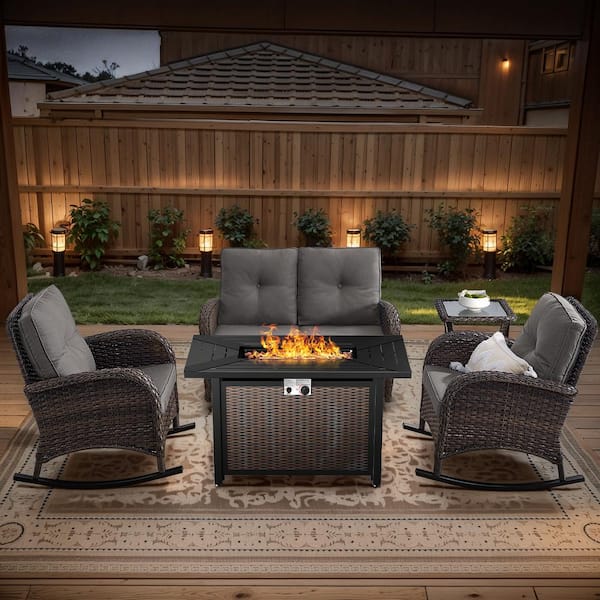 Brown 5-Piece Wicker Patio Fire Pit Set, Outdoor Glider Seating Set with Olefin Gray Cushions and Rocking Chairs