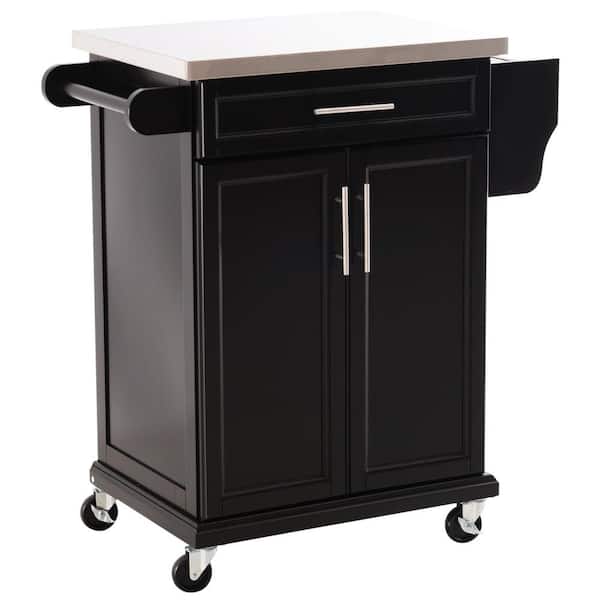 Black Pine Wood Utility Kitchen Cart with Stainless Steel Surface