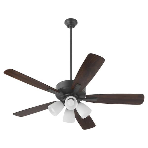 quorum Ovation 52 in. in Matte Black 5-Blades 4-Light 9-Watt Medium Base Lamp Satin Opal Ceiling Fan