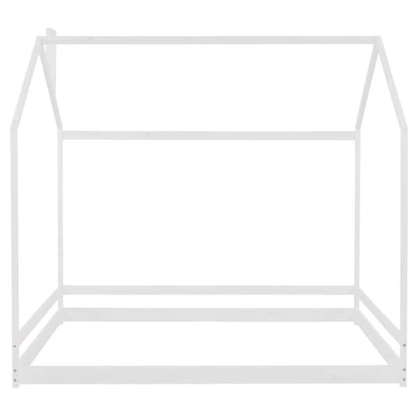 ANBAZAR White Full Size House Bed Frame Floor Platform Bed for Kids and Toddler, Wood House Roof Canopy Platform Bed Frame