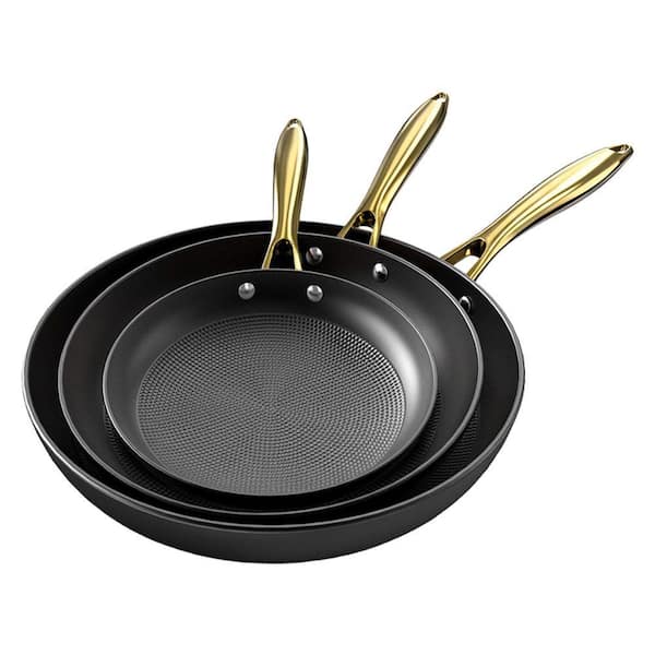 Cast Iron Nonstick Skillet Set 8 in 10 in 12 in Honeycomb Coating Frying Pans with Lid in Black 3-Pcs