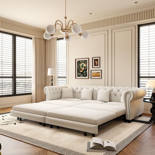 Harper & Bright Designs 3-in-1 Convertible 89 in. Beige White Velvet ...