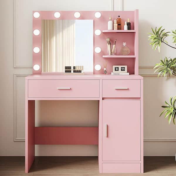 Modern Pink 10-Light Makeup Vanity with Mirror, Drawers, Cabinets, Shelves, and 3-Color Modes