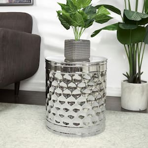 16 in. Silver Drum Geometric Medium Round Metal End Table with Hexagon Patterned Exterior