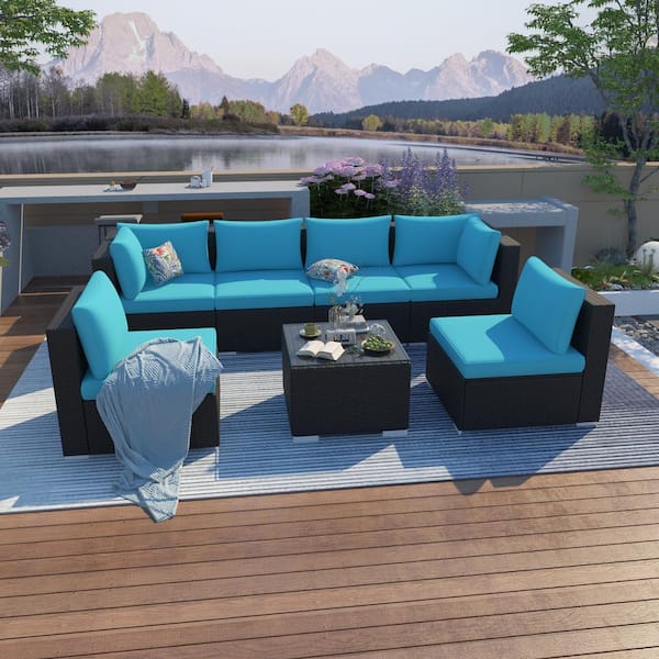 Unbranded 7-Piece Handwoven Black PE Rattan Wicker Outdoor Patio Sectional Sofa Set with Sky Blue Cushions