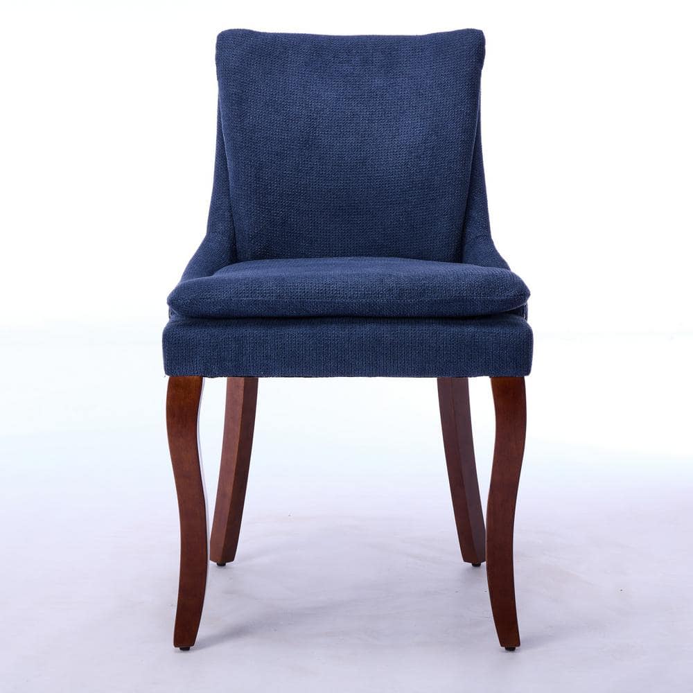 Brown Wood Outdoor Dining Chairs with Double-layer Blue Cushions, Mid Back,