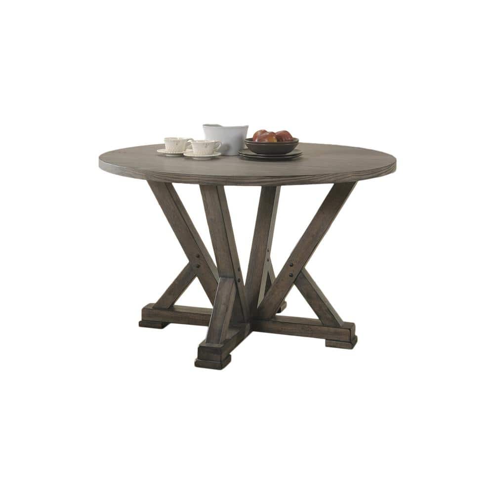 Antique Gray Solid Wood Round Dining Table Set with 4 Light Gray Upholstered Chairs