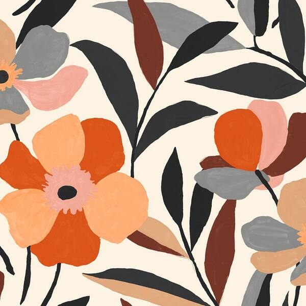 NextWall Orange and Ebony Garden Block Floral Vinyl Peel and Stick Wallpaper Roll (30.75 sq. ft.)
