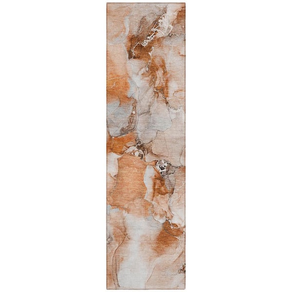 Orange, Ivory 2 ft. x 8 ft. Woven Abstract Polyester Runner Indoor / Outdoor Area Rug