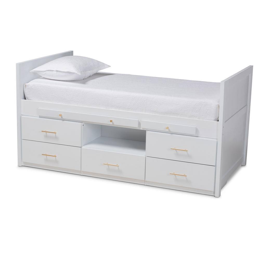 White Twin Wood Frame Storage Bed with Pull-Out Desk