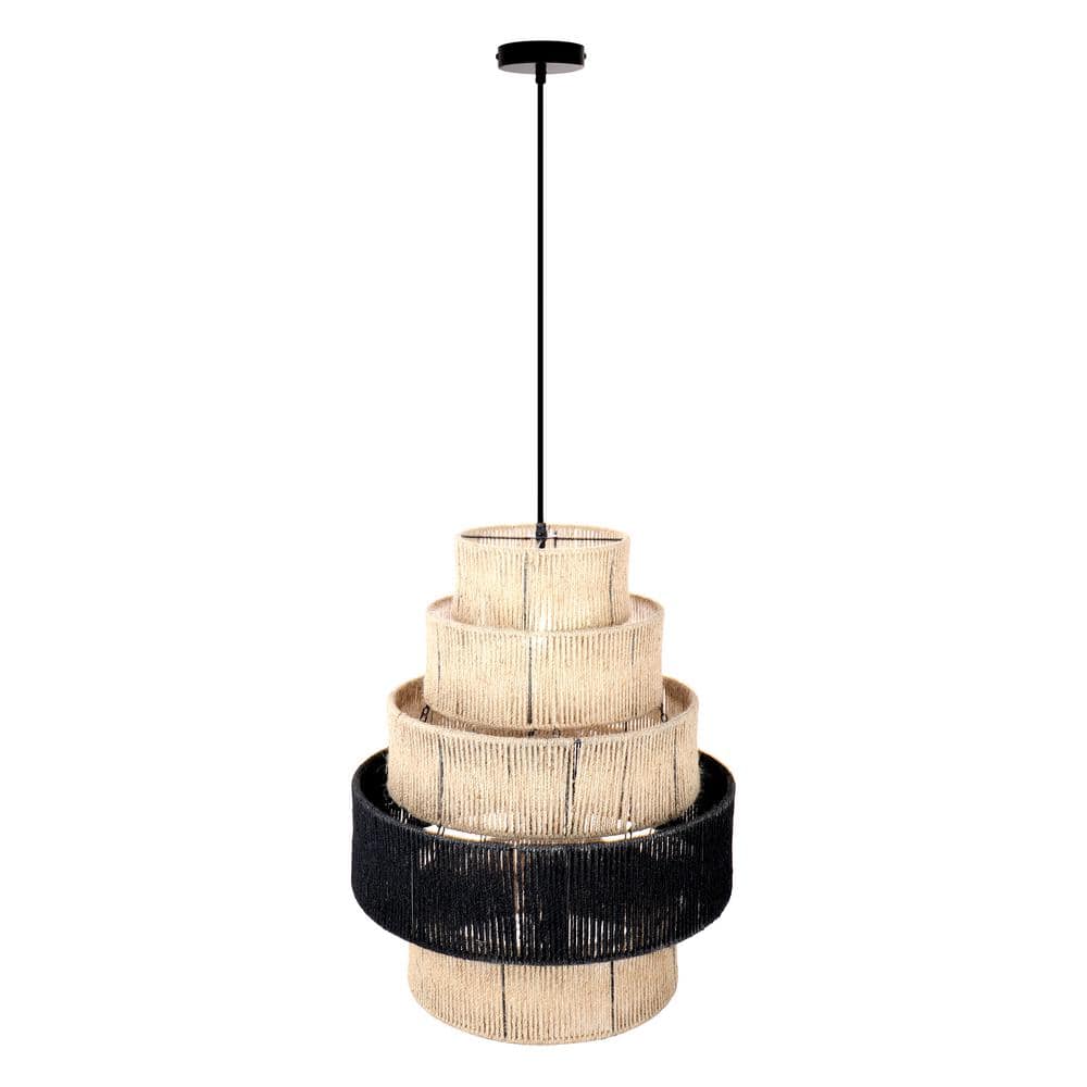 Tiered Natural and Black Jute Drum Pendant Light