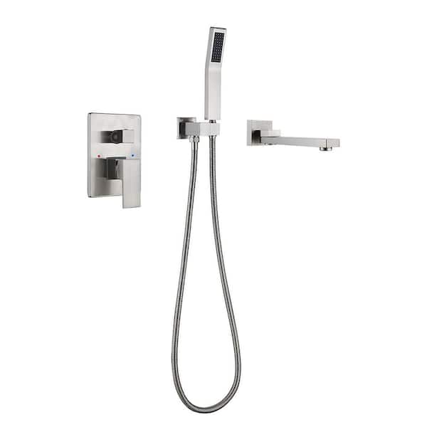 Single-Handle Wall-Mount Roman Tub Faucet with Hand Shower 3-Hole in Brushed Nickel