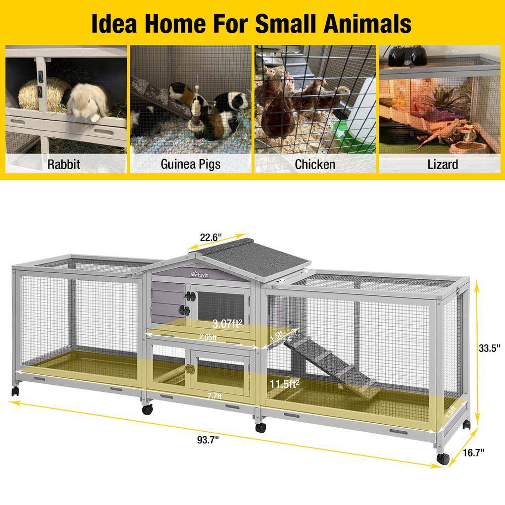 Gray Fir Wood Large Indoor Outdoor Rabbit Hutch with Wheels